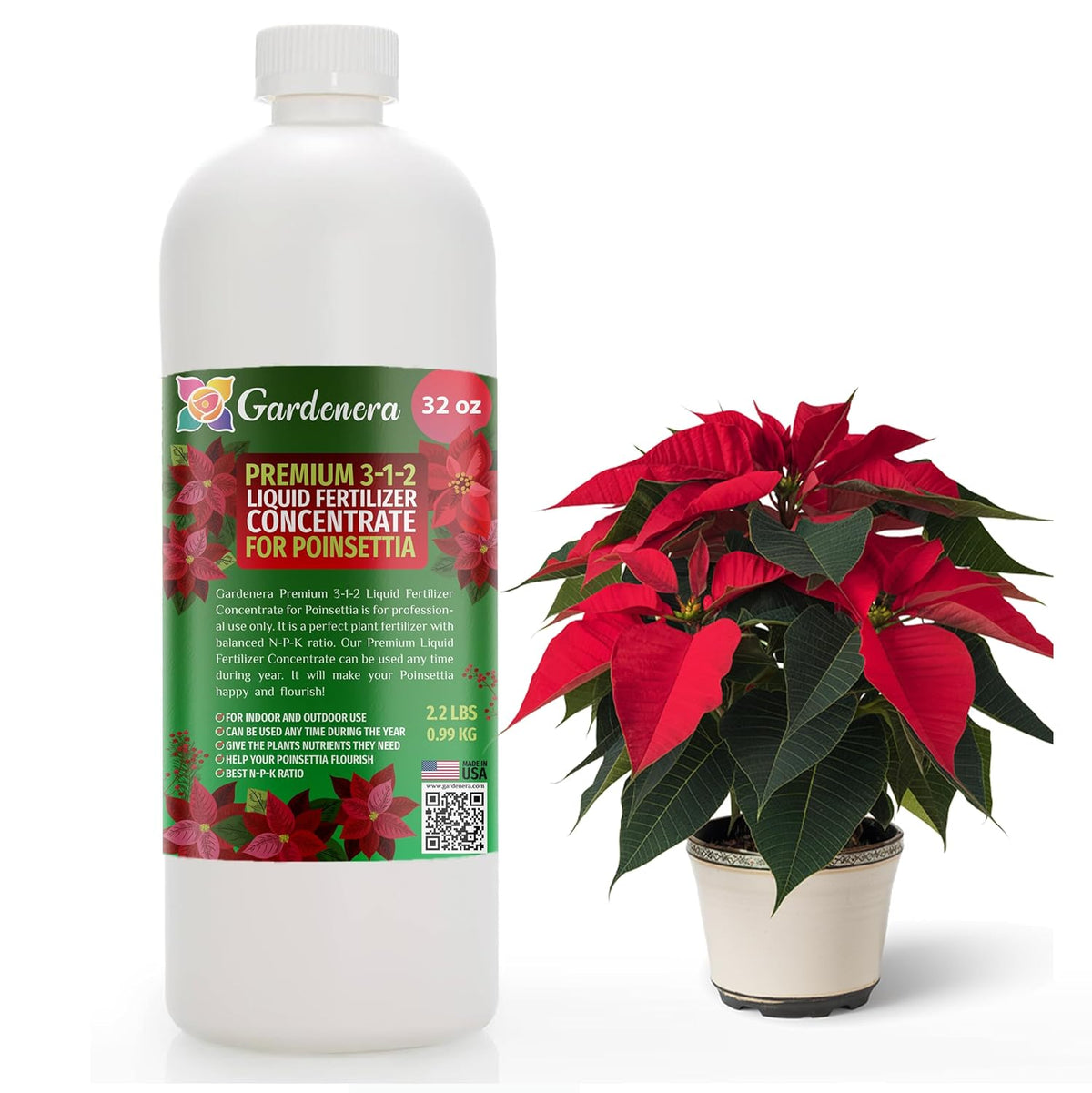 Gardenera Poinsettia Plant Fertilizer - 3-1-2 NPK - Organic Liquid Plant Food for Christmas Flowers