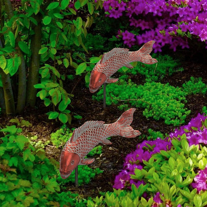 Outdoor Statues Garden Koi Fish Decor, 2pcs Antique Copper Koi Fish Sculpture for Pond Lawn Patio