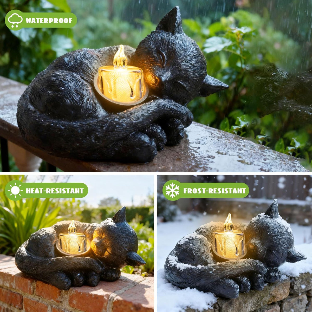 Sleeping Cat Candle Holder Statue Realistic Resin Cat Figurine with Candle Tray Outdoor Garden