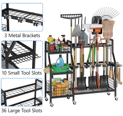 keomaisyto Heavy-Duty Garden Tool Organizer with 6 Wheels and 2 Baskets