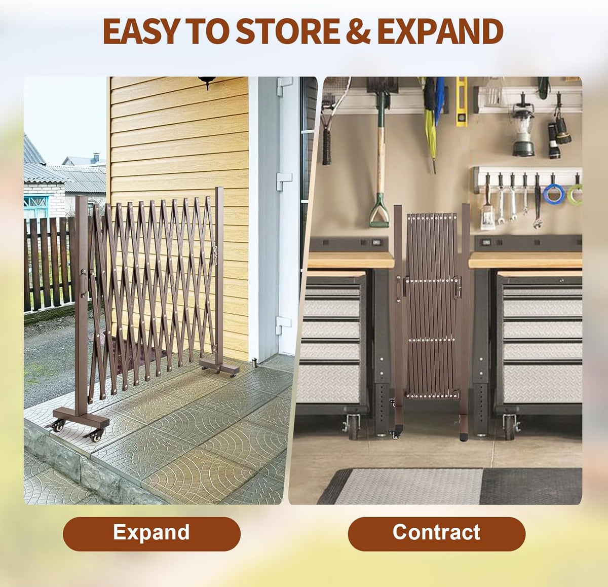 TECSPACE Aluminum Expandable Garden Fence, Portable Barricade Gate with Casters, Adjustable
