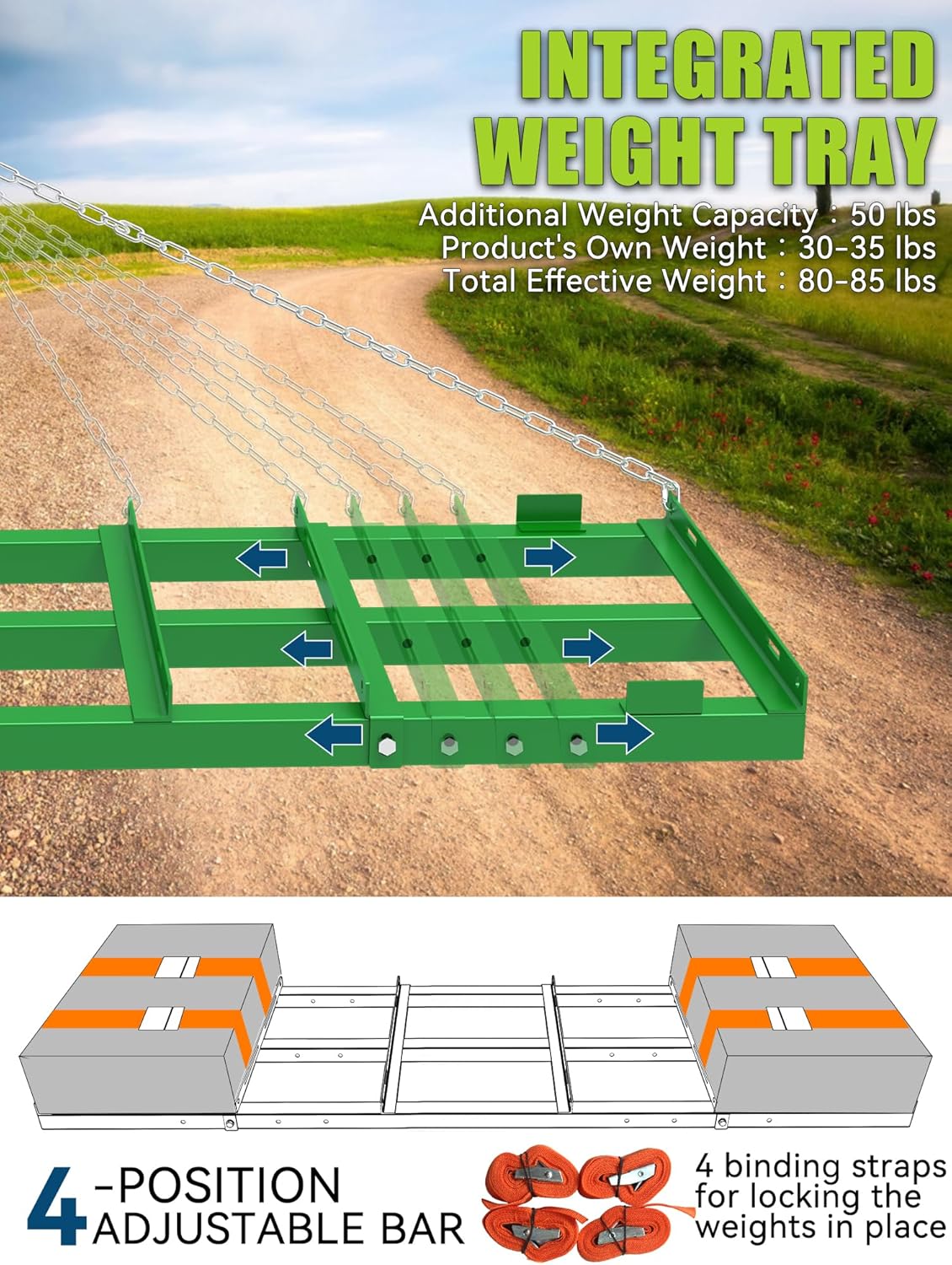 4ft Heavy Duty Drag Harrow for ATV, UTV, Tractor - Adjustable Tow Behind Leveling Rake with Weight