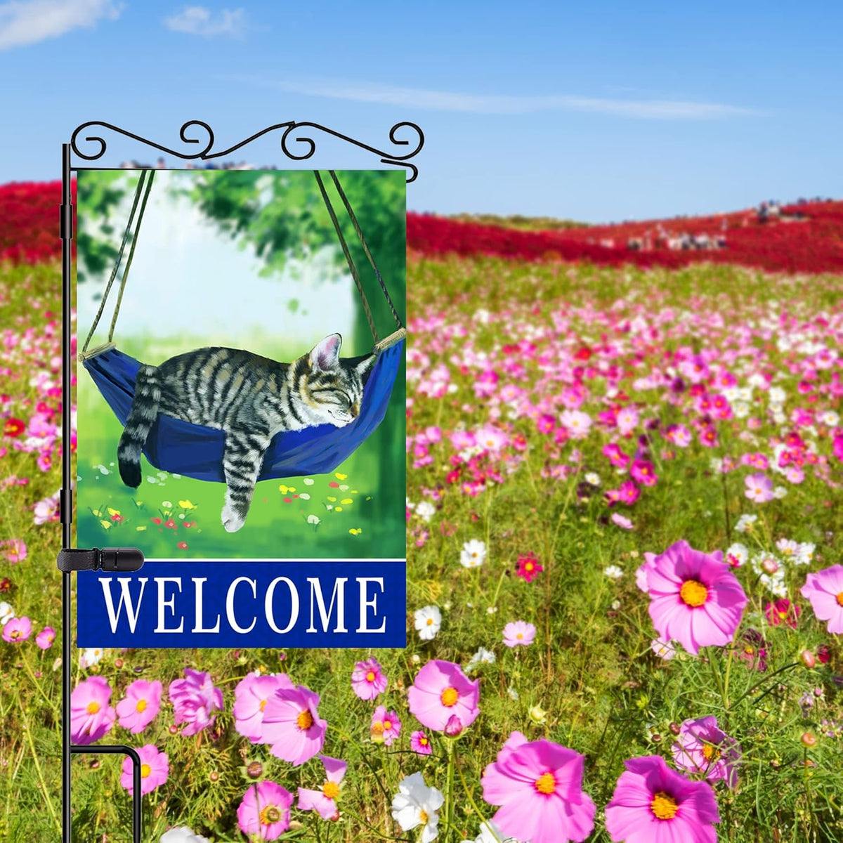 Welcome cat garden flags for outside 28x40，seasonal flags with cats double sided house flags