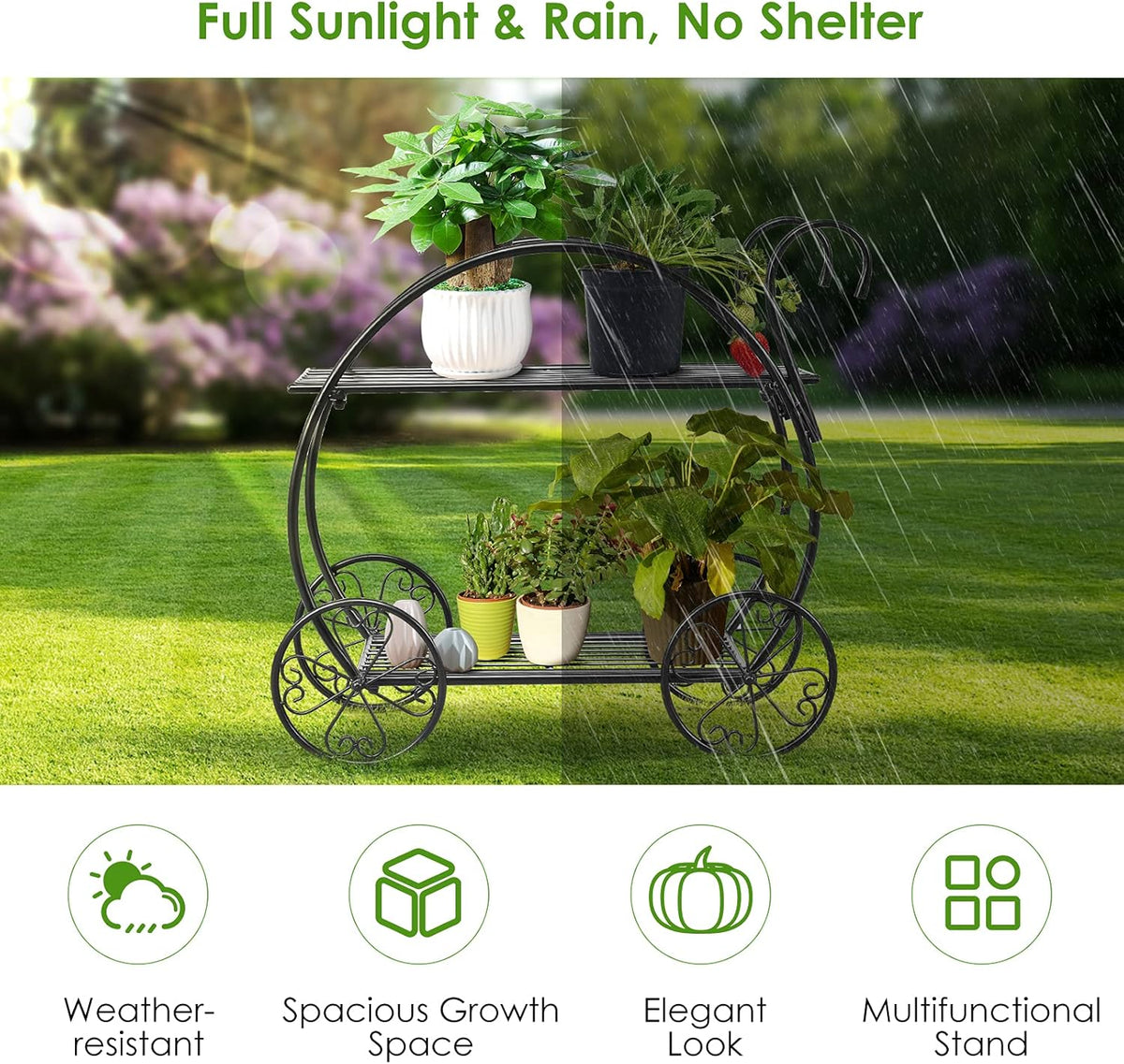 S AFSTAR Metal Plant Stand, Two Tiered Garden Cart Shelf for Indoor Outdoor Home Garden Patio