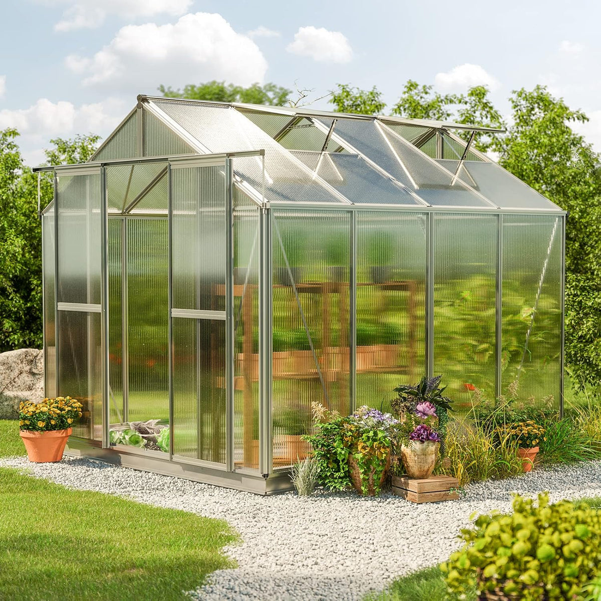 Greenhouse Saphir 4 Aluminum Frame 8.5 x 8.5 ft Approx. 8 mm Polycarbonate Panels - with Bonus Base