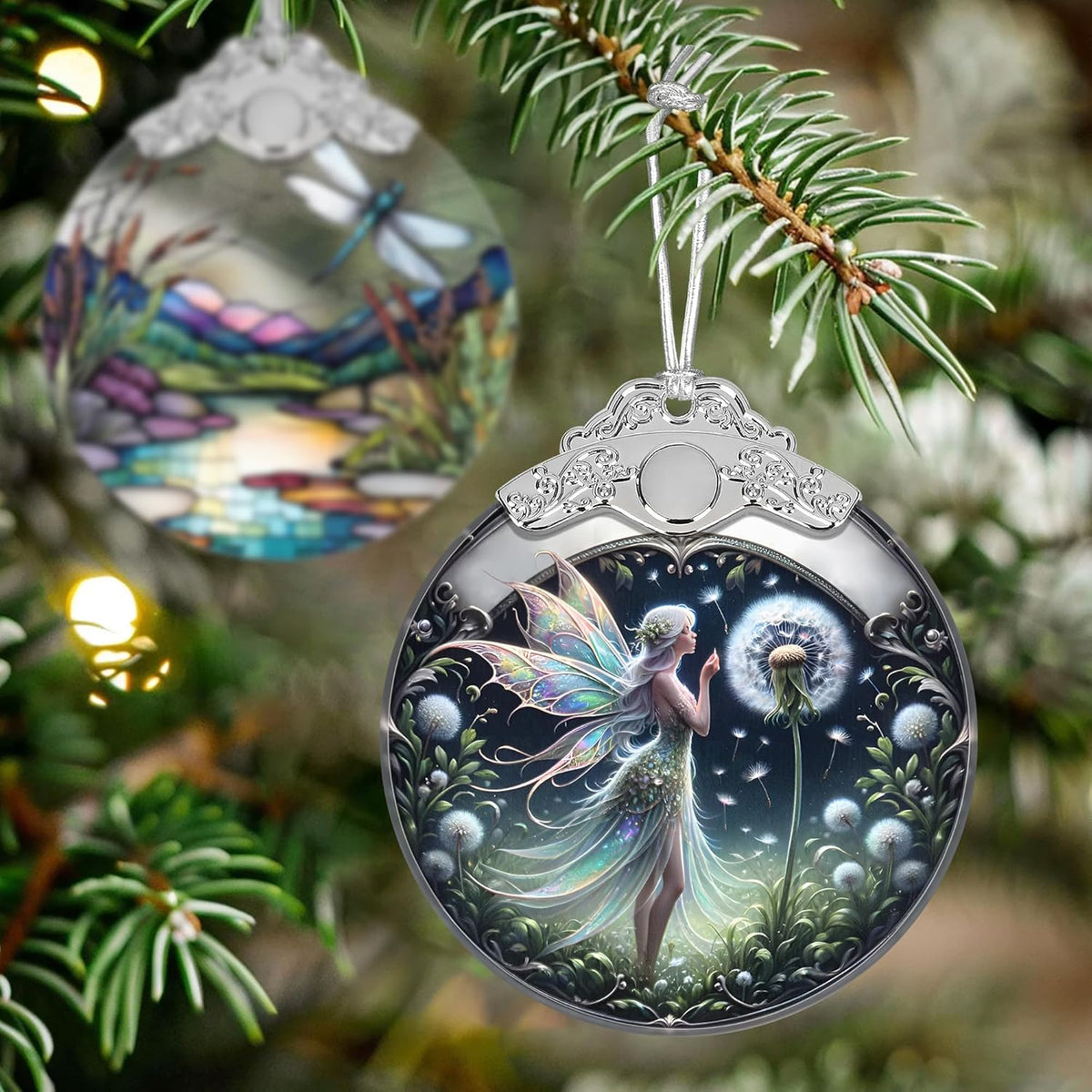 Stained Glass Dandelion Fairy Christmas Ornament - Holiday Home Decor - Tree Decoration - Gift
