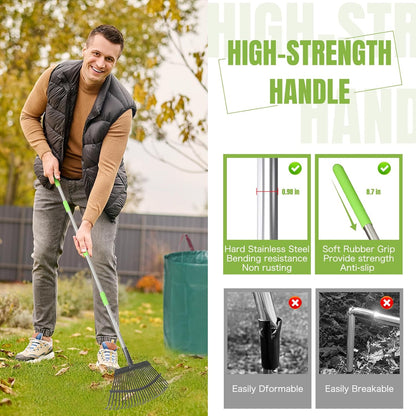 JOYHALO 65 Inch Rake for Leaves, 25 Tines Metal Leaf Rake Set with 32 Gallon Leaf Bags Scoops