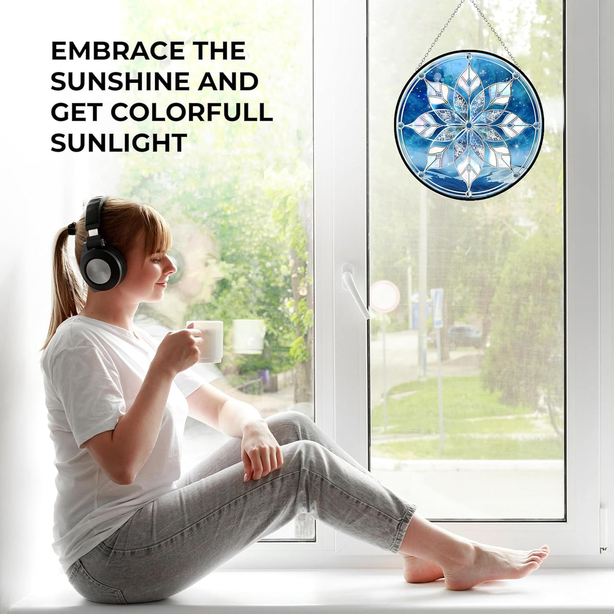 Christmas Snowflake Stained Glass Sun Catcher, Wall Hanging Colored Decor Room Outdoor Window