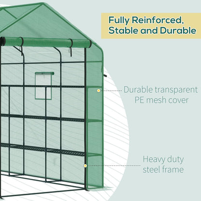 Outsunny 8' x 6' x 7' Walk-in Greenhouse with Mesh Door and Windows, 18 Shelf Green House with