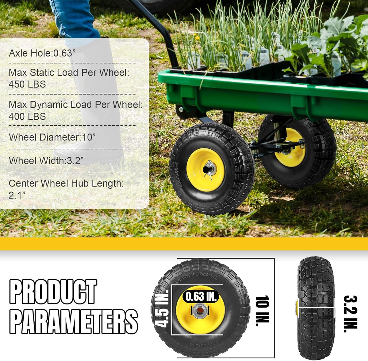 10 Inch Soild Rubber Dolly Tire Wheels, 4.10/3.50-4" Tire and Wheel Flat Free for Garden Carts