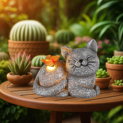 Solar Cat Garden Statue with Butterfly Light – 5-Inch Outdoor Resin Figurine for Yard, Patio