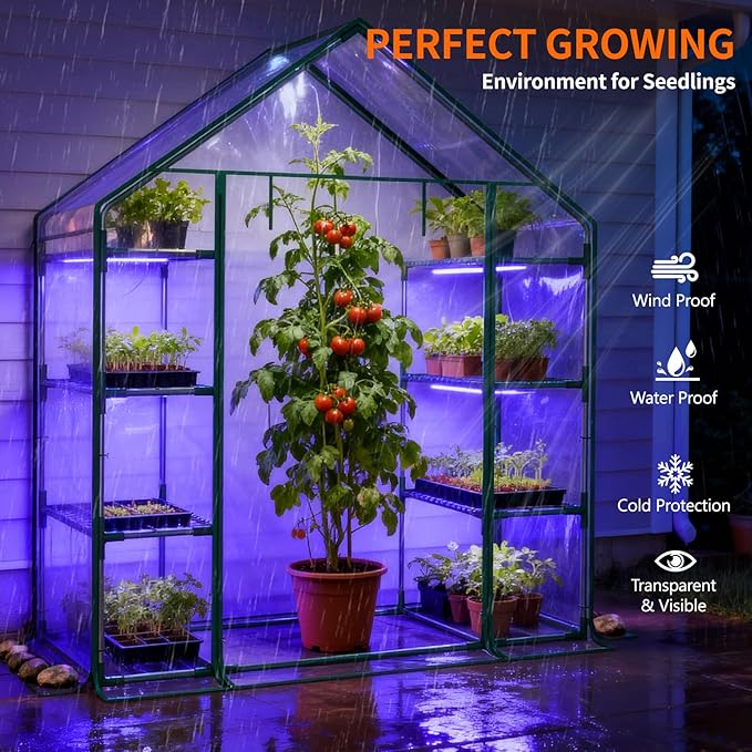 Indoor Greenhouse with Grow Light, 4-Tier Mini Greenhouse 56.3"x28.7"x76.8" Small Greenhouse with