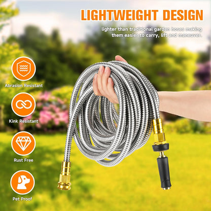 100 FT Garden Hose Expandable - 304 Stainless Steel Water Hose 100 FT - Heavy Duty Flexible Kink