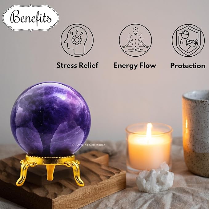 Amazing Gemstone Amethyst Crystal Ball with Stand - 2" Inches Crystal Sphere Meditation Balls for