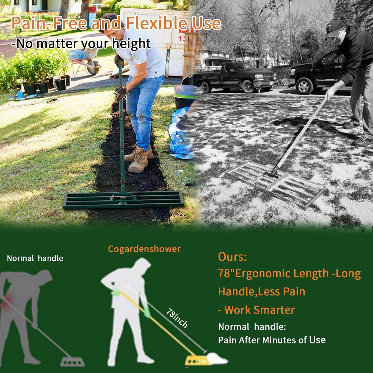 Lawn Leveling Rake Heavy Duty Stainless Steel Lawn Leveling Tool 30”x10” with 78” Adjustable Long