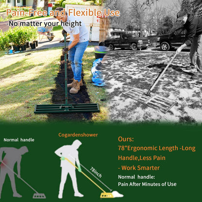 Lawn Leveling Rake Heavy Duty Stainless Steel Lawn Leveling Tool 30”x10” with 78” Adjustable Long