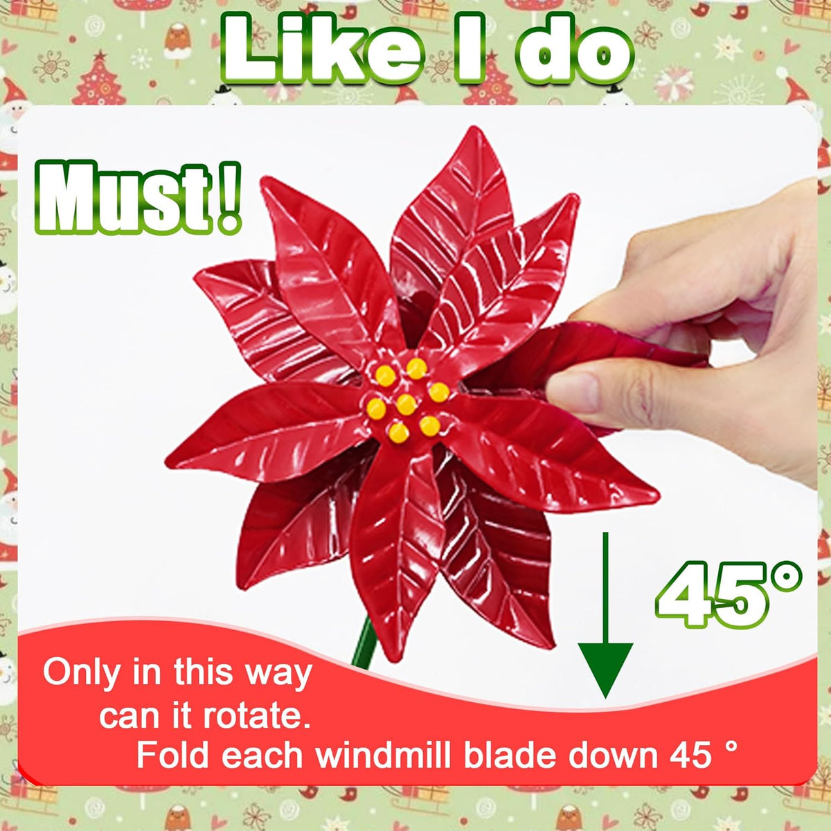 Metal Flower Wind Spinner Garden Lawn Stakes Yard Art, 27 Inch Poinsettia Windmill Iron Handicraft