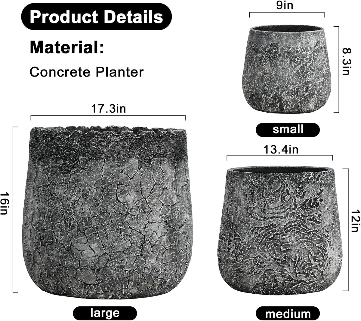 Craft flowerpots 18"+13"+9" Dia Round Concrete Planter Set of 3 Large Outdoor/Indoor Planter Pots