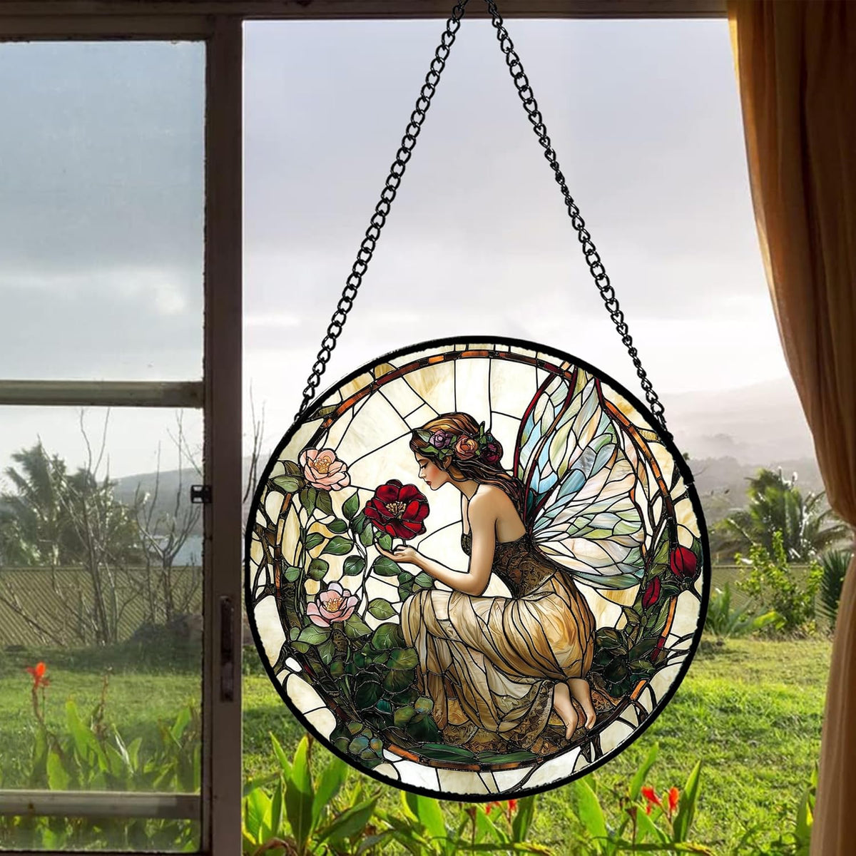 Stained Glass Window Hanging - Butterfly Flower Fairy Suncatcher for Door Terrace Garden Home Decor