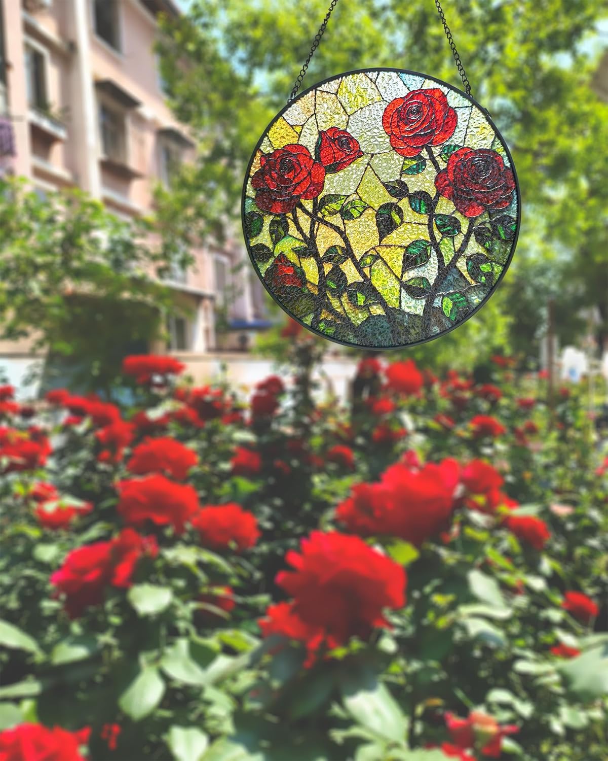 Floral Stained Glass Window Hanging - Rose Design Handmade Suncatcher, Luyseyha 8 Inch Sun Catcher