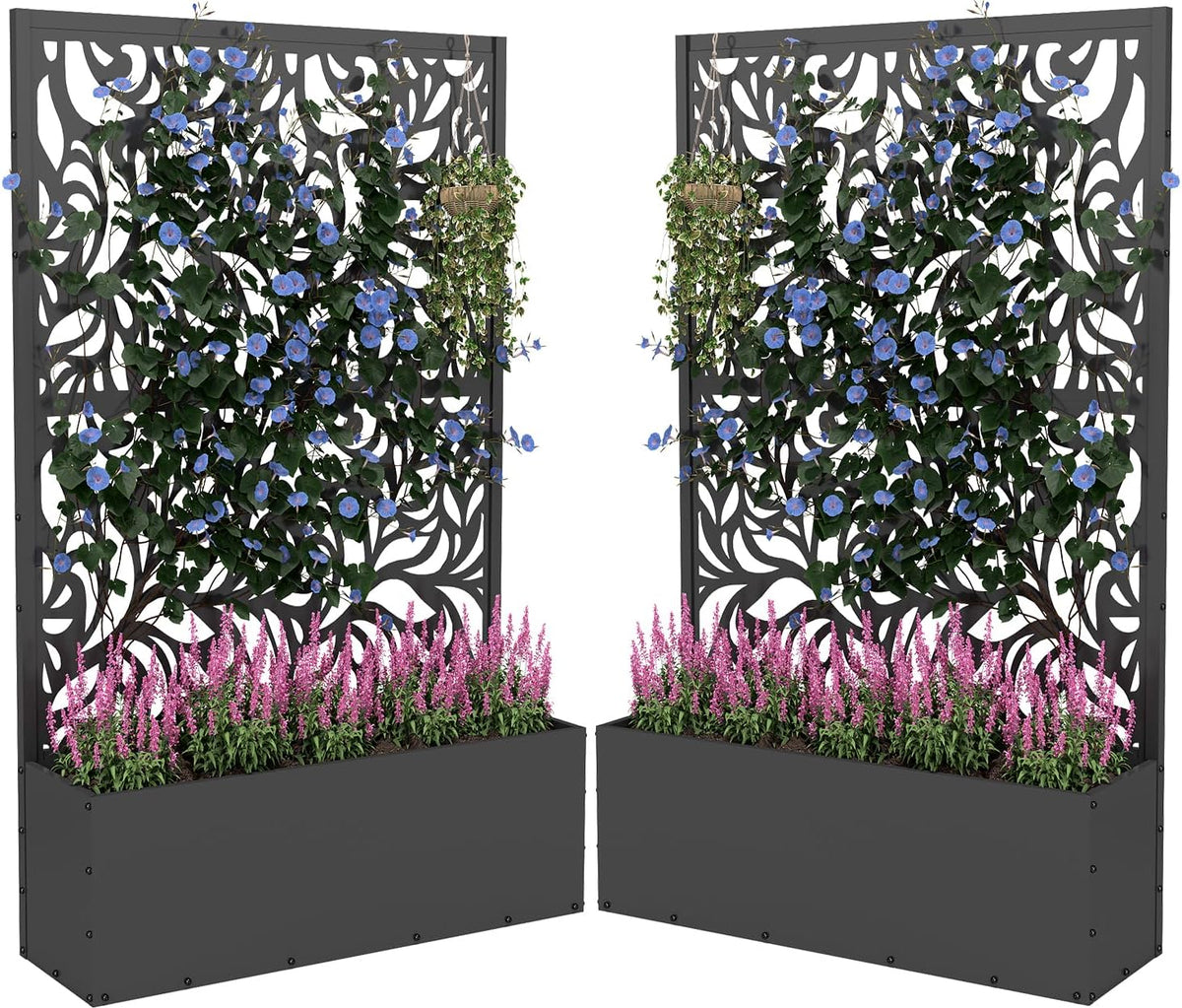 2PCS Metal Planter Box with Trellis,70.9"x47.2"x15.7" Raised Garden Bed with Drainage Holes