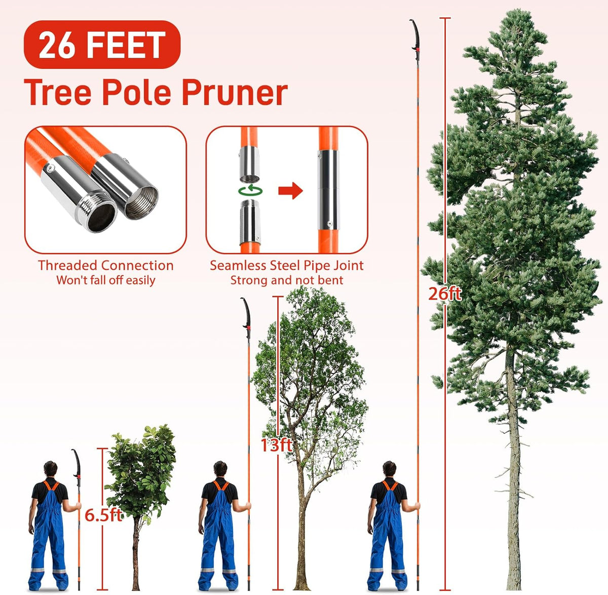 Outvita Manual Pole Saw, 26 Feet Extendable Tree Pruner with Knives and Storage Pocket, Sharp Steel