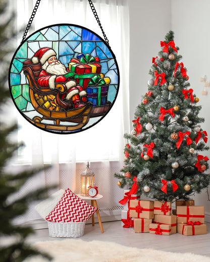Stained Glass Window Hanging - Santa Claus Gift BoxSuncatcher for Doors Home Christmas Decoration