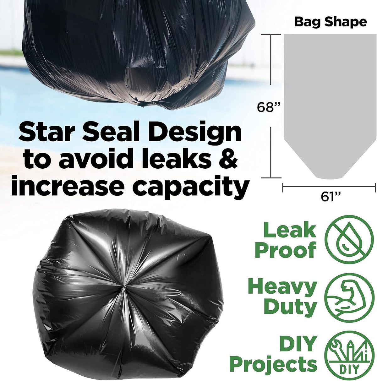 ToughBag 95-96 Gallon Trash Bags Heavy Duty (25 Count) - Extra Large Black Garbage Can Liners for