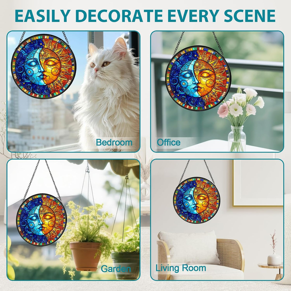 Sun and Moon Stained Glass Window Hanging, Suncatcher for Window Hanging, Moon Sun Catchers Indoor