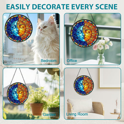 Sun and Moon Stained Glass Window Hanging, Suncatcher for Window Hanging, Moon Sun Catchers Indoor