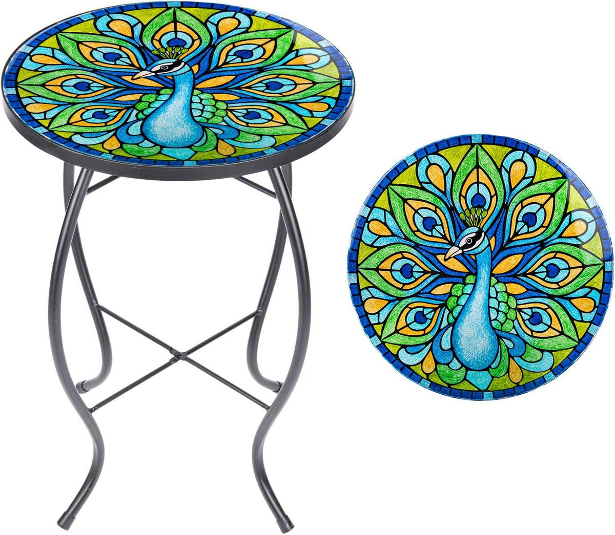 MUMTOP Outdoor Side Table - Small Mosaic Patio Tables, 14” Round Accent End Coffee Glass Plant