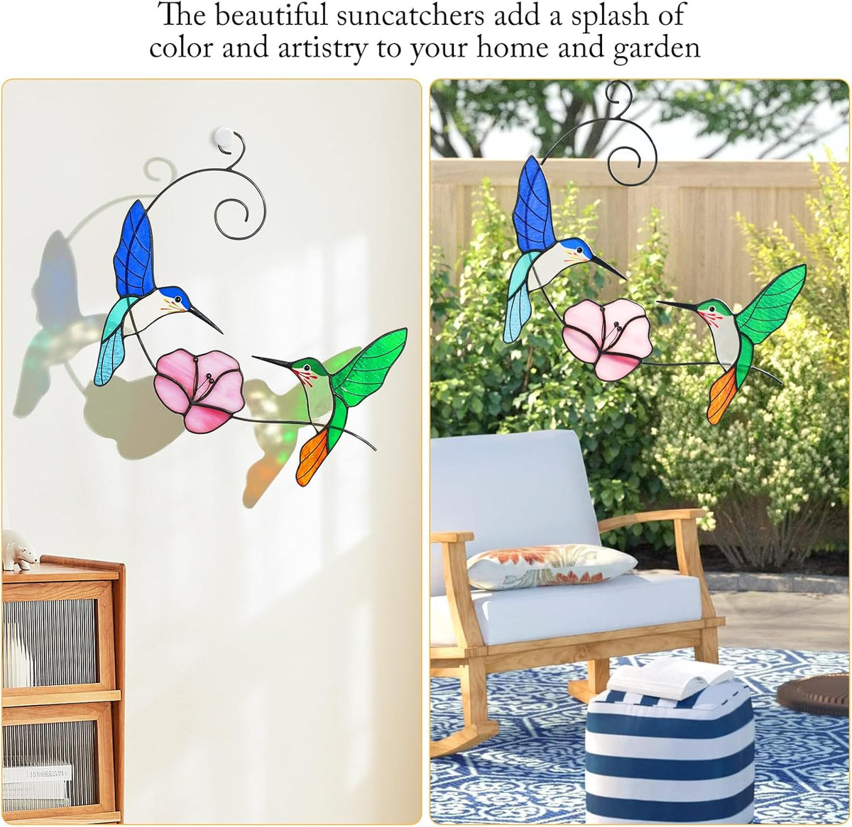 Hummingbird Stained Glass Window Hanging, Handmade Humming Bird with Flower Suncatcher, Sun Catcher