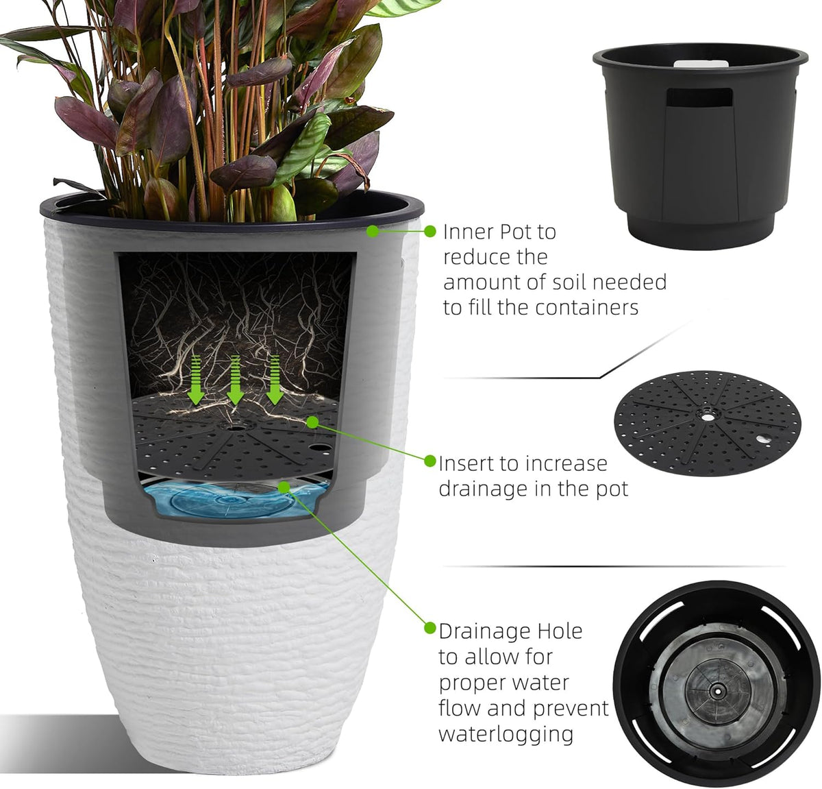 WORTH Garden 2-Pack 21" H. White Tall Planters with Inside Pots - 14'' Dia Plastic Large Round