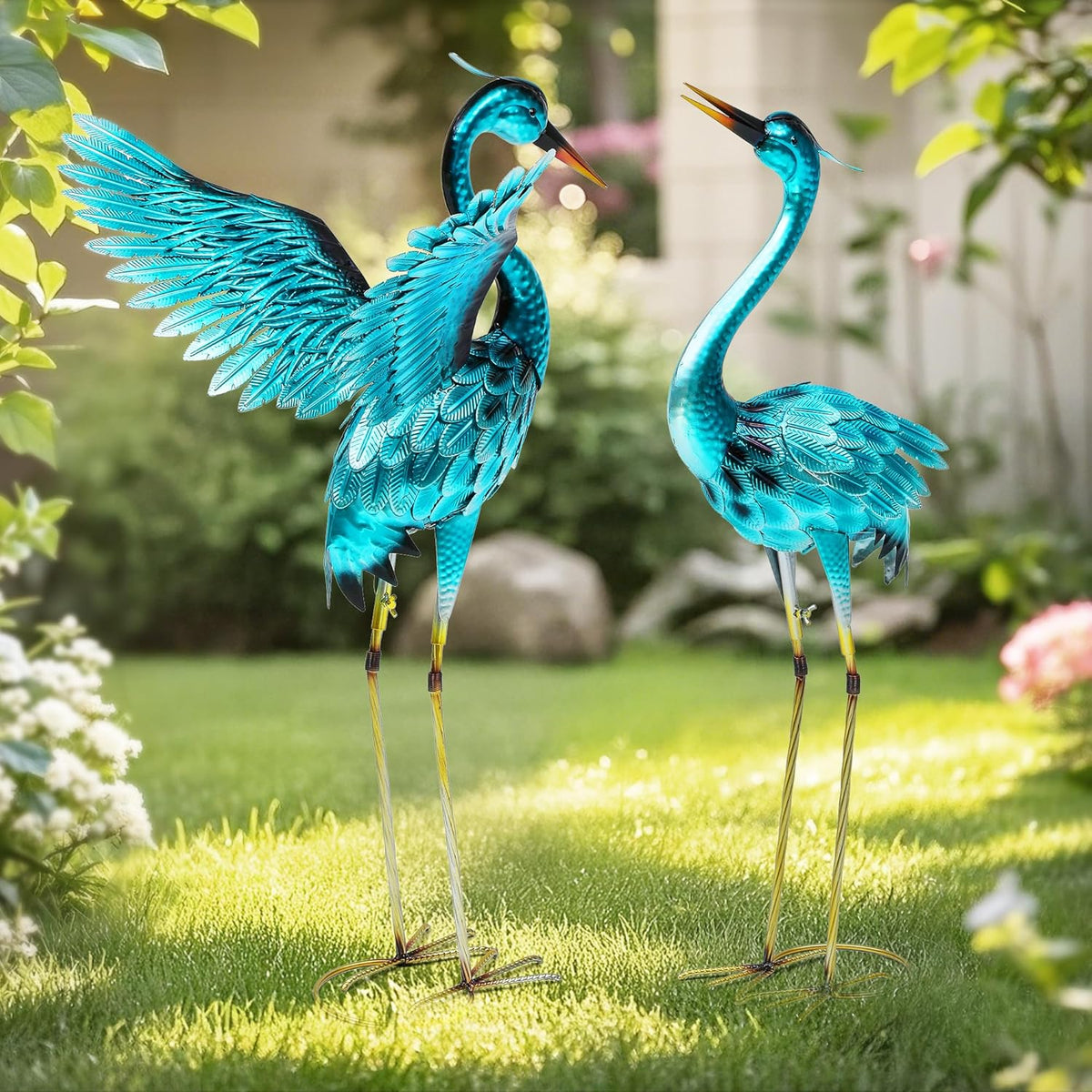 36.75" Metal Crane Garden Statue, Handcrafted Oversized Blue Heron Decor Sculptures with Stable