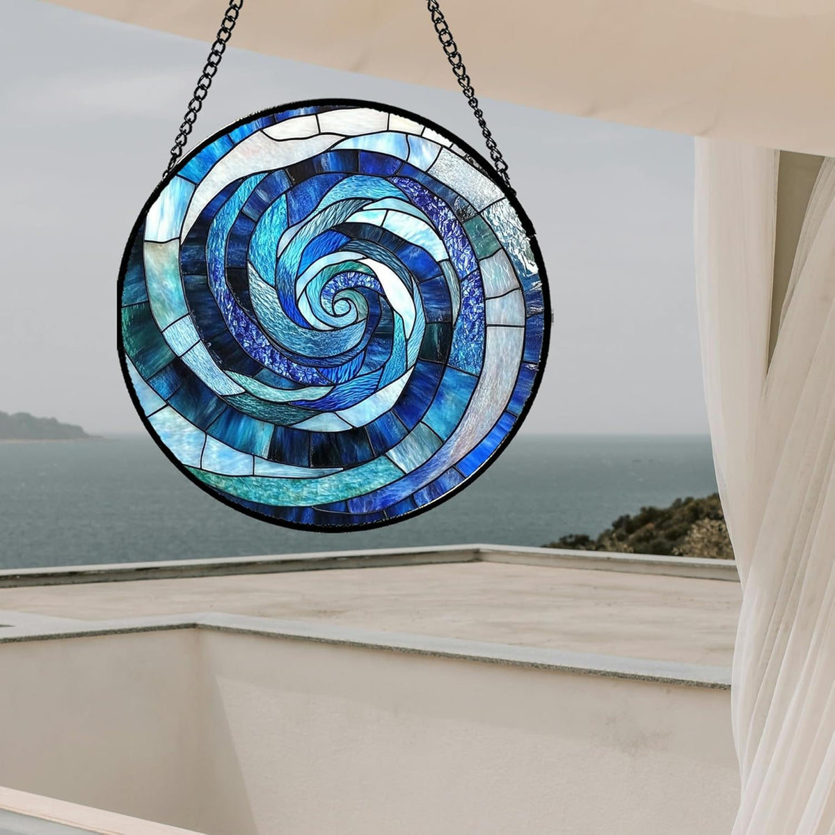 Stained Glass Window Hanging - Blue Abstract Swirl Suncatcher for Doors Garden Patio Unique Sun