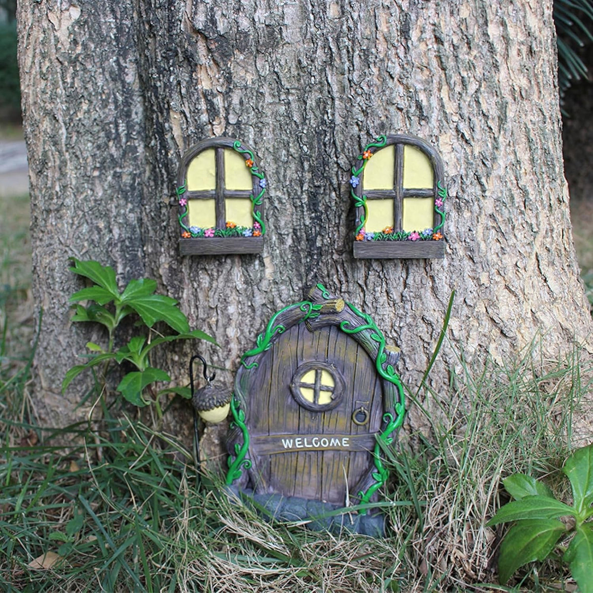 Fairy Door and Windows Garden Kit Accessories Outdoor, Glow in Dark Gnome House for Tree, Lawn Yard