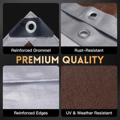Tarp 20x20 ft Heavy Duty 10mil Silver/Brown 100% Waterproof High Durability Multipurpose Outdoor