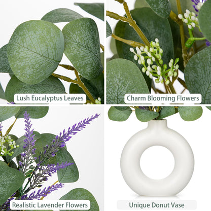 Artificial Eucalyptus Stems in Ceramic Vase 14.23" Fake Eucalyptus Plant Decor White Donut Vase