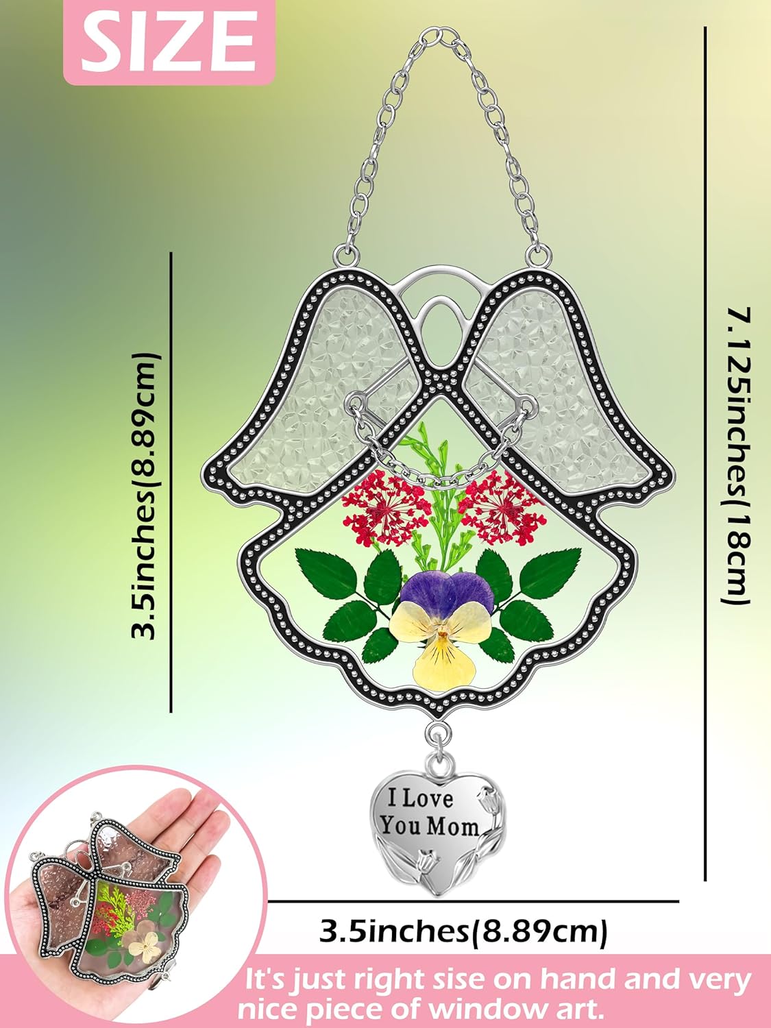 KY&BOSAM Angel Suncatcher I Love You Mom Stained Glass Panels for Windows Wind Chime with Pressed