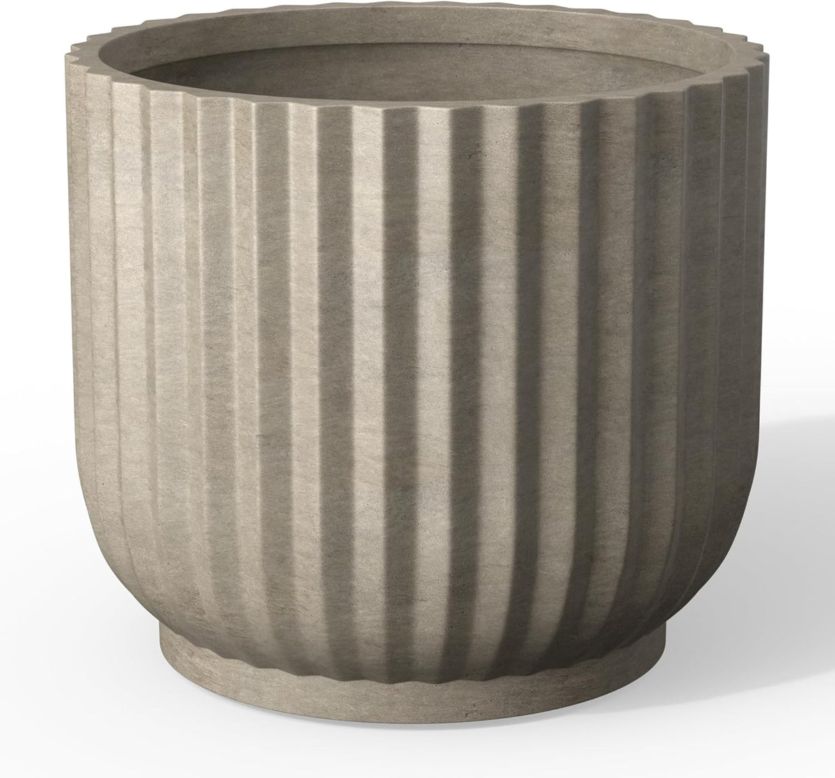 Kante Round Fulted Planter, 16.7 Inch Dia Large Concrete Plant Pots with Drainage Hole and Rubber