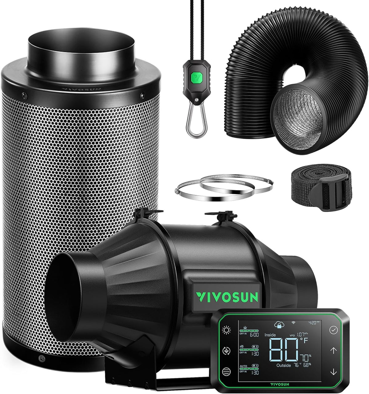 VIVOSUN Smart Air Filtration PRO T4 Kit 4", AeroZesh T4 Inline Duct Fan w/GrowHub E42A Temp.