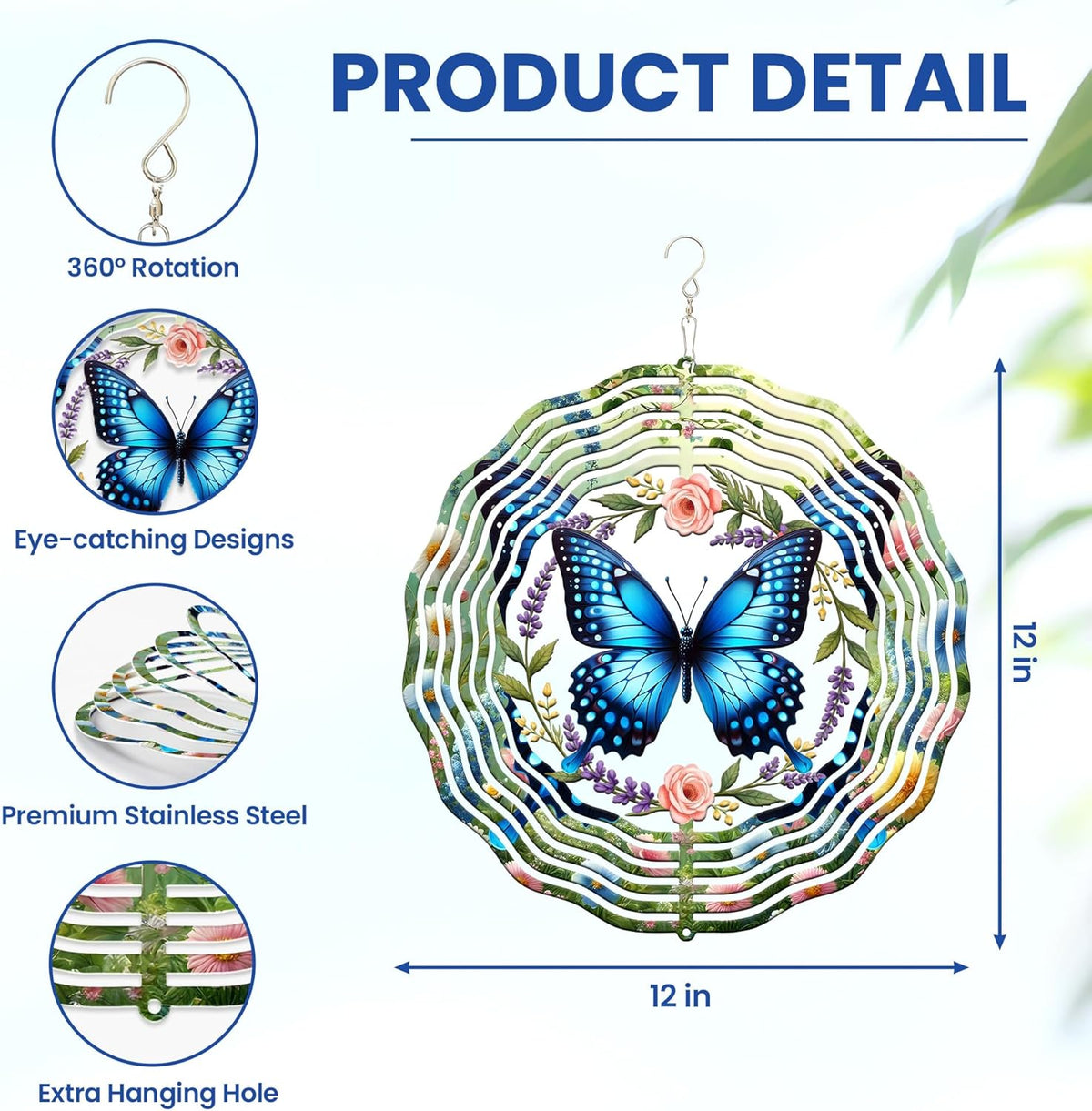 FLAGWIX Christmas Butterfly Wind Spinners Outdoor - 3D Stainless Steel Metal Wind Spinners 12 in