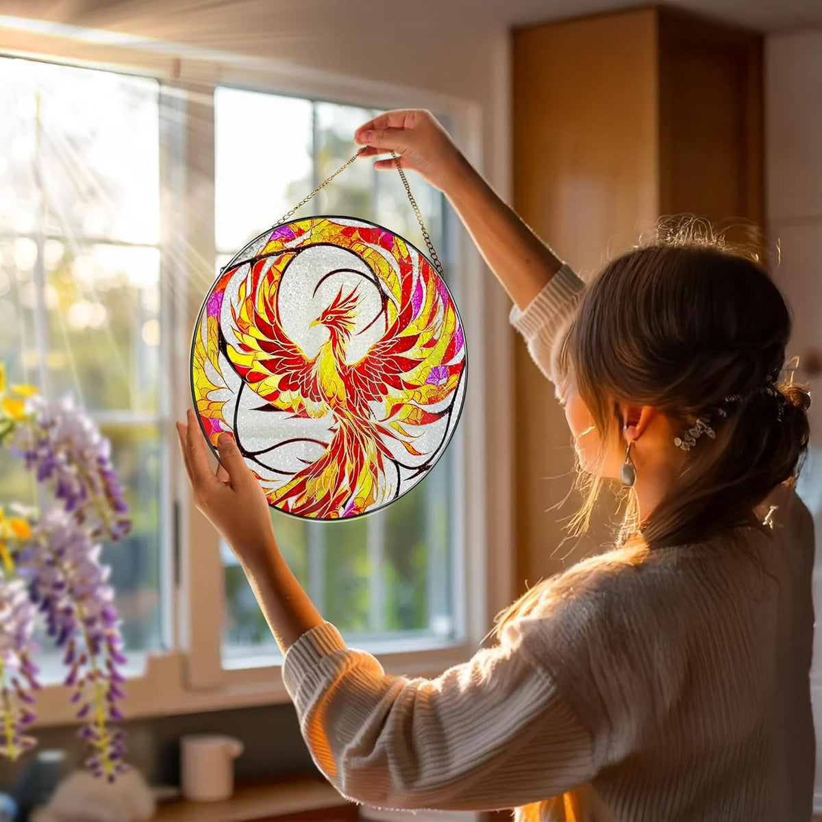 Stained Glass Window Hanging, Stained Glass Suncatcher, Phoenix Sun Catcher, Window Decor, Phoenix