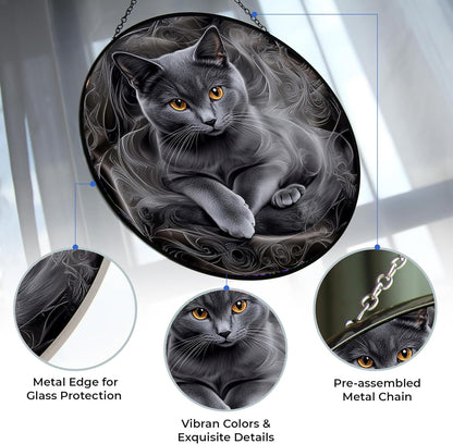 Easter Gray Cat Stained Glass Window Hanging, Suncatcher for Women, Stained Glass Window Decor