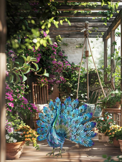 YEAHOME Garden Decor Outdoor Statues, 22.4" Large Metal Peacock Standing Yard Art, Blue Green Bird