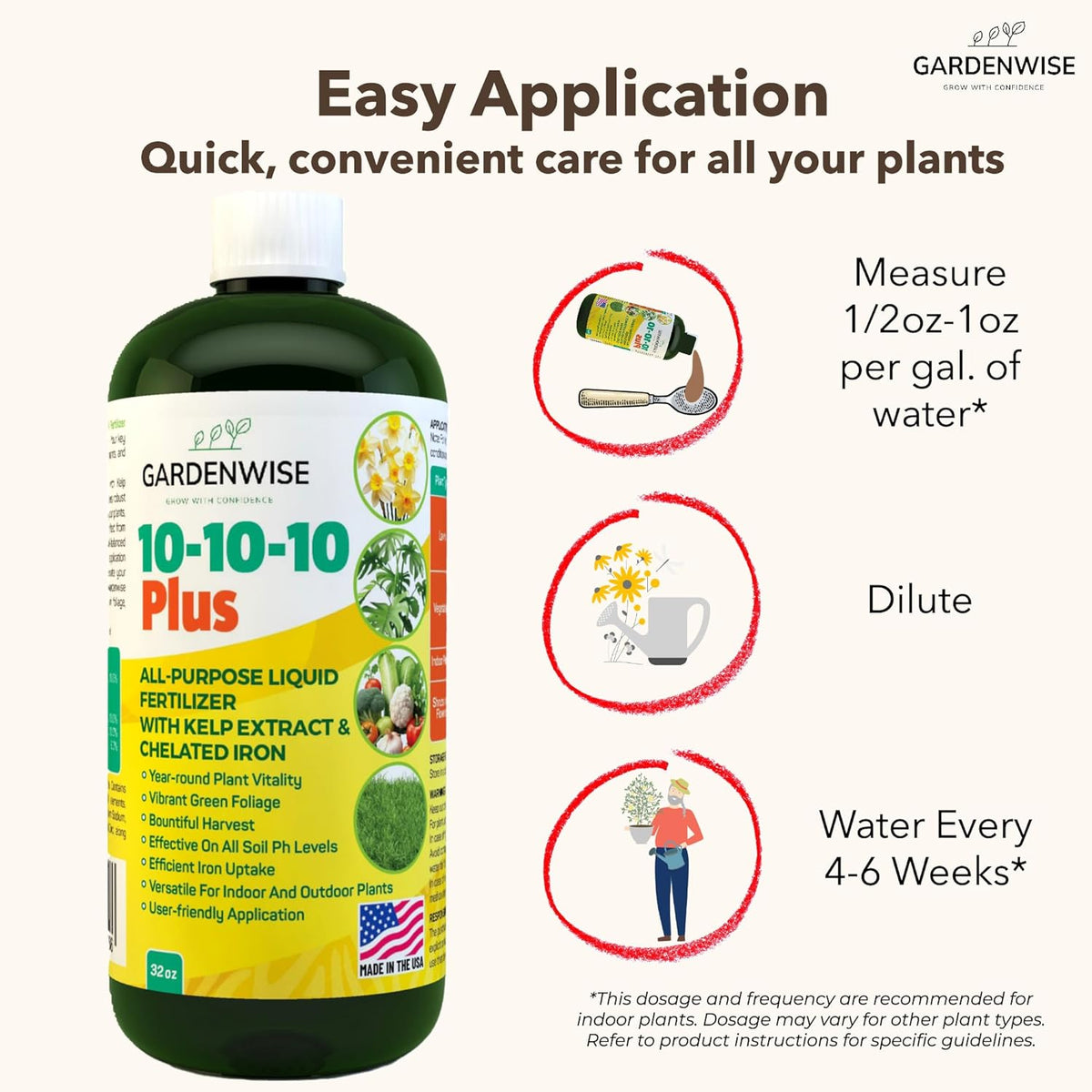 10-10-10 All Purpose Plant Food - Liquid Fertilizer with Seaweed Kelp & Iron - Indoor & Outdoor