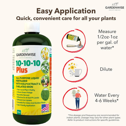 10-10-10 All Purpose Plant Food - Liquid Fertilizer with Seaweed Kelp & Iron - Indoor & Outdoor
