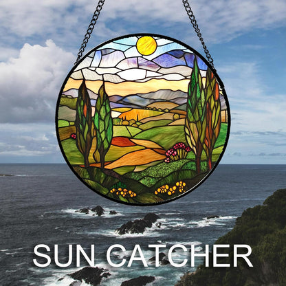 Stained Glass Window Hanging Golden Sun Mountain Landscape 9.8" - Suncatcher Door Garden Sun