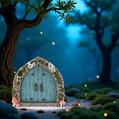Blue Mini Fairy Garden Door for Tree, 3D Miniature Fairy Door for Fairytale Tiny House Doors