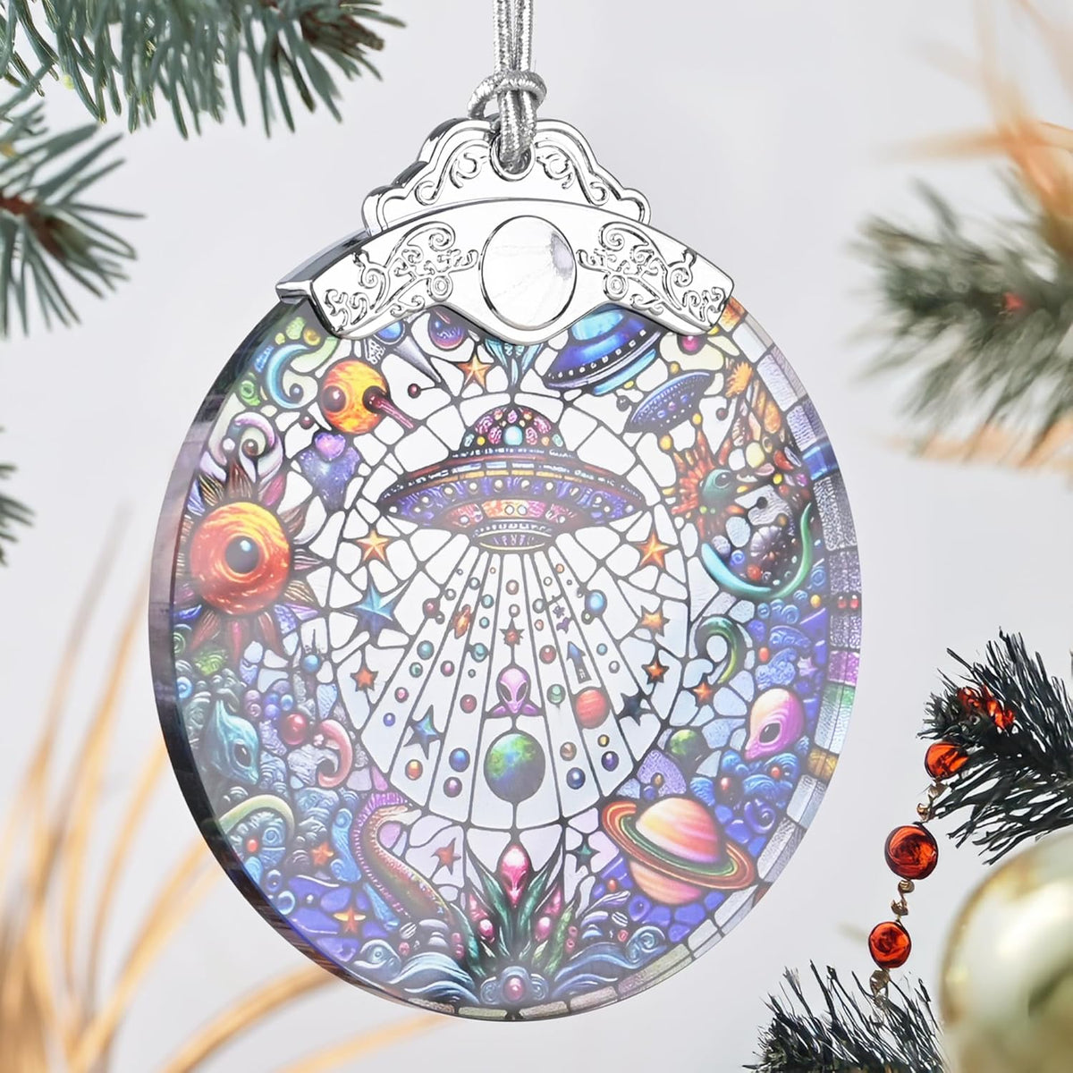UFO Alien Stained Glass Ornament, Christmas Ornaments, Christmas Tree Decorations, UFO Alien